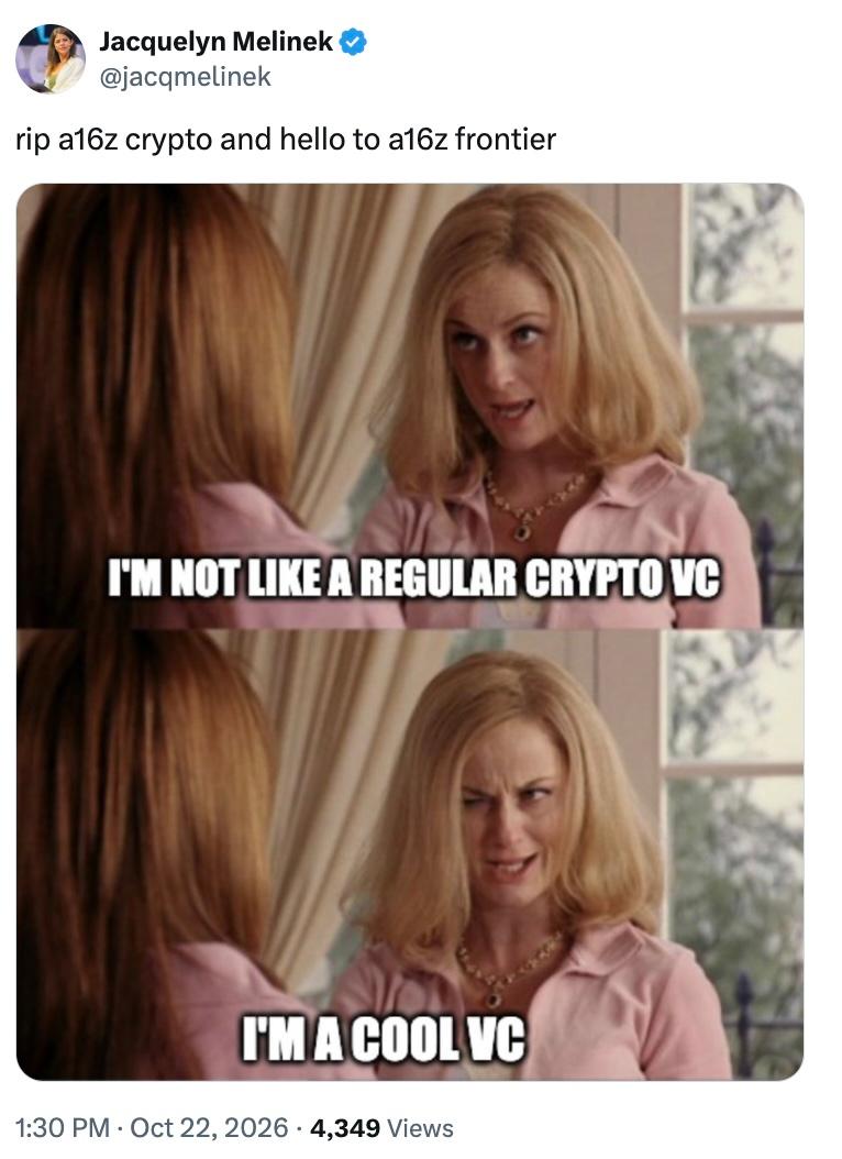 X post by user Jacquelyn Melinek @jacqmelinek memeing image of Amy Poehler (Regina George's mom from 'Mean Girls') reads, "I'm not a regular crypto VC, I'm a cool crypto VC"