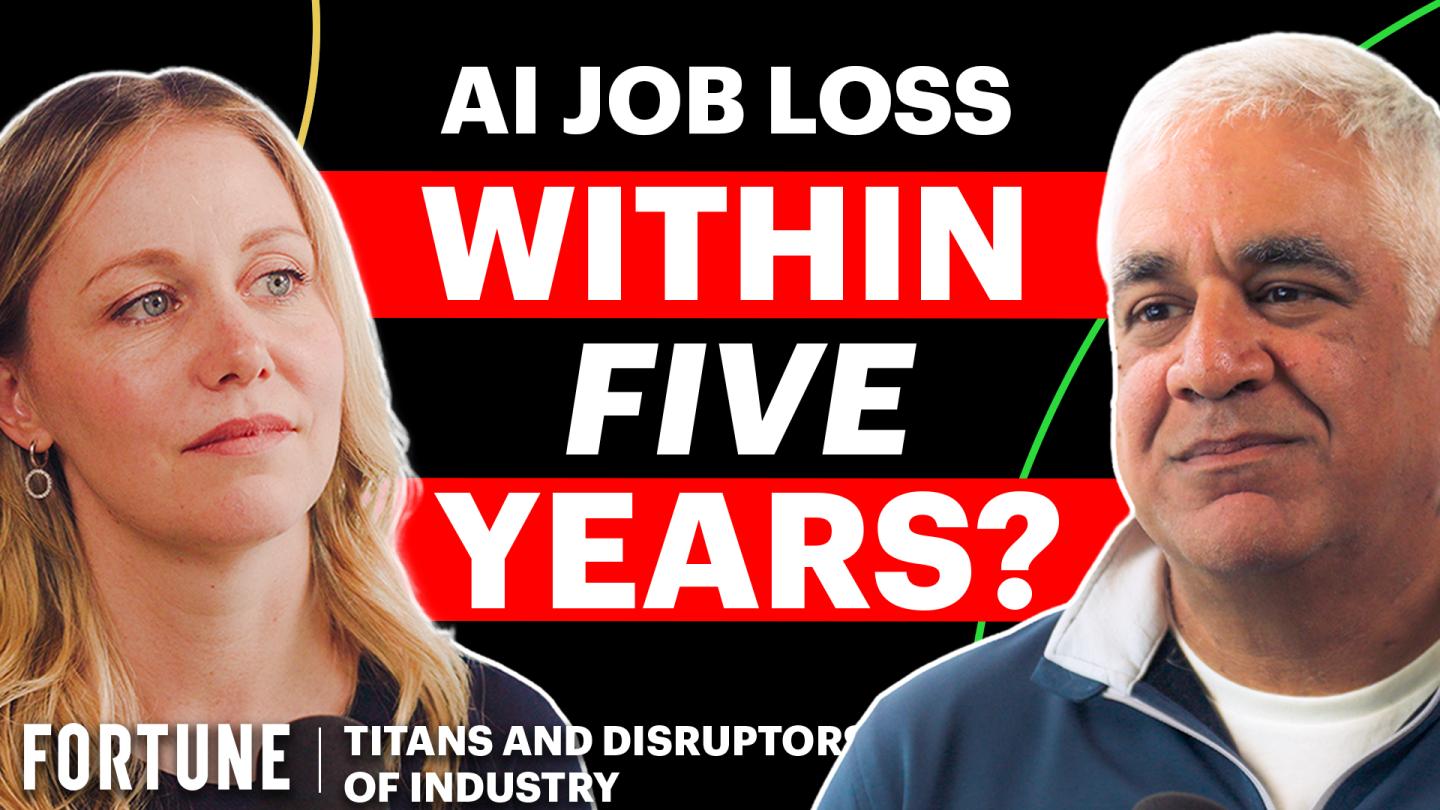 Fortune Titans and Disruptors of Industry podcast graphic featuring Fortune Editor-in-Chief and host Alyson Shontell, and Workday CEO Aneel Bhusri. Reads: "AI job loss within five years?" Links to episode.