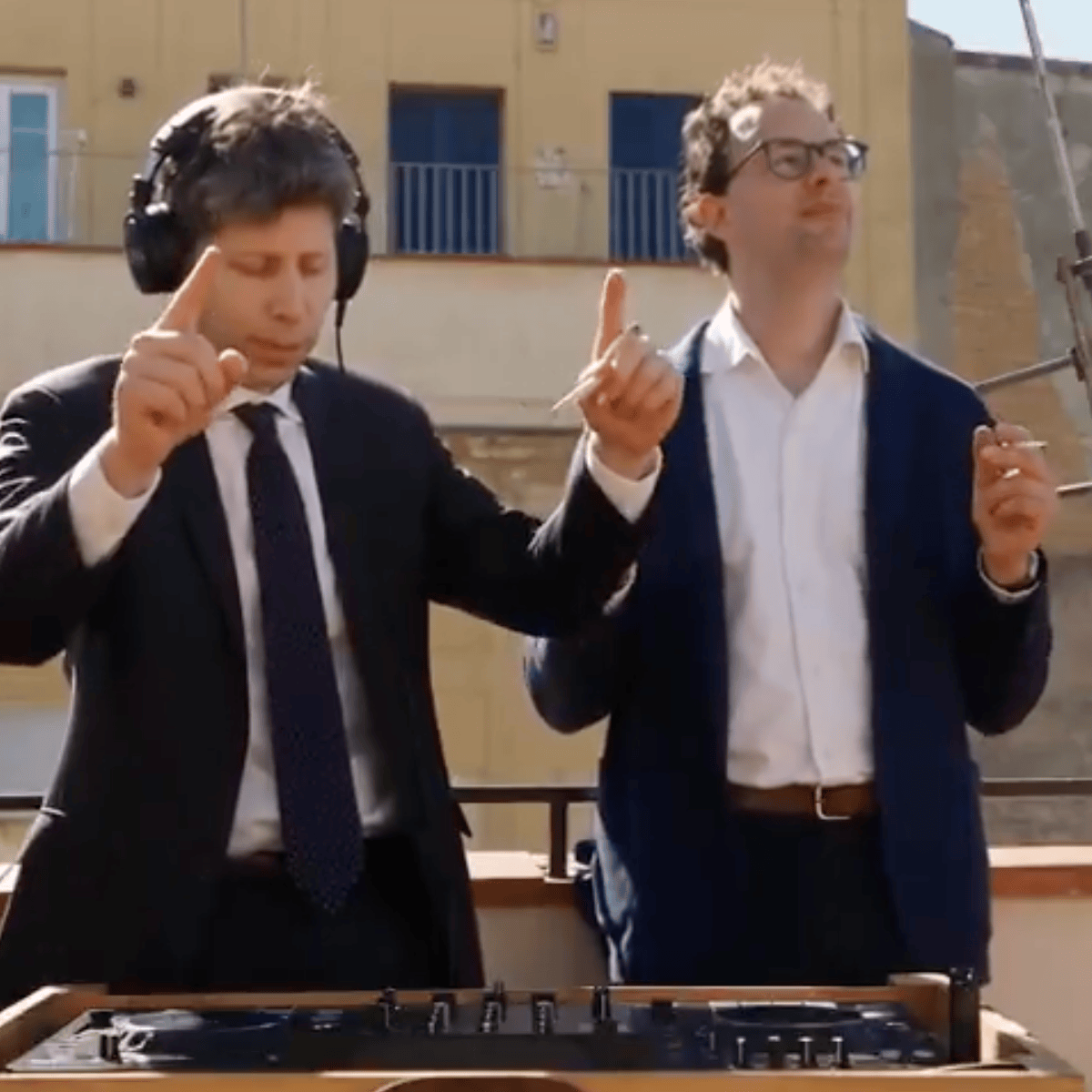 An AI-generated image of OpenAI CEO Sam Altman and Anthropic CEO Dario Amodei drinking, smoking, and dancing to music.
