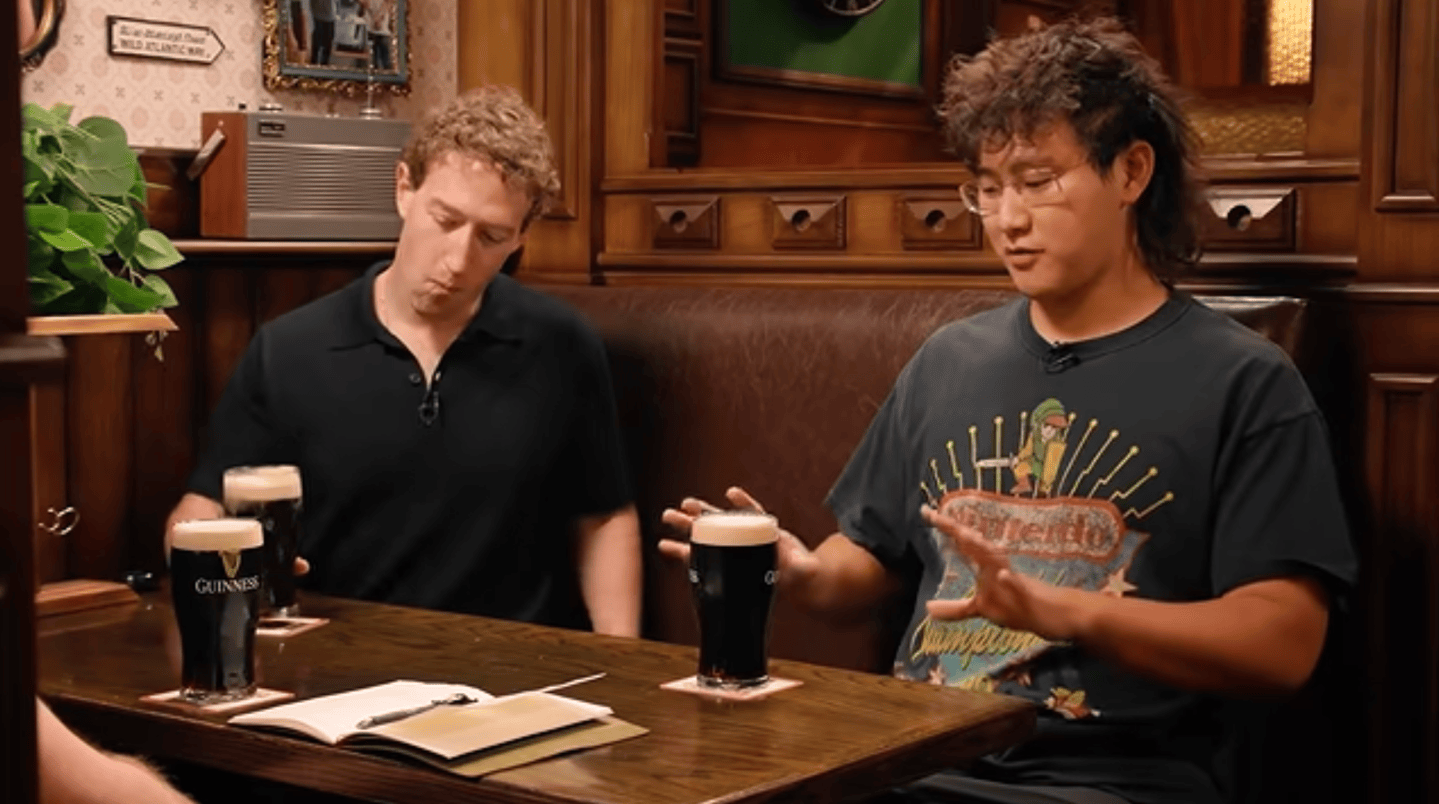 Meta CEO Mark Zuckerberg with Meta chief AI officer Alexandr Wang on Stripe's "Cheeky Pint" video series.