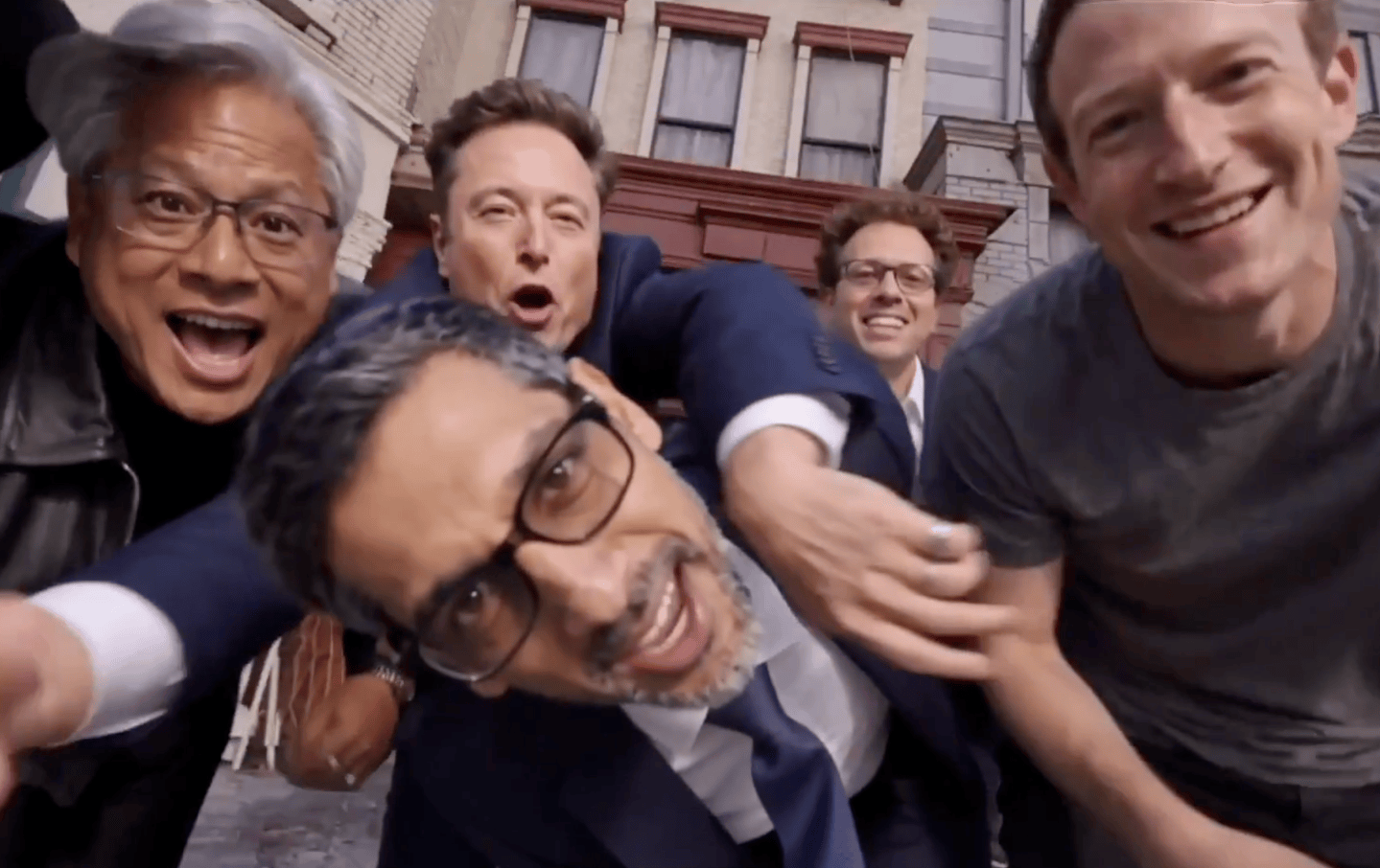 OpenAI CEO Sam Altman, Nvidia CEO Jensen Huang, Alphabet CEO Sundar Pichai, SpaceX CEO Elon Musk, Anthropic CEO Dario Amodei, and Meta CEO Mark Zuckerberg depicted in an AI-generated music video.