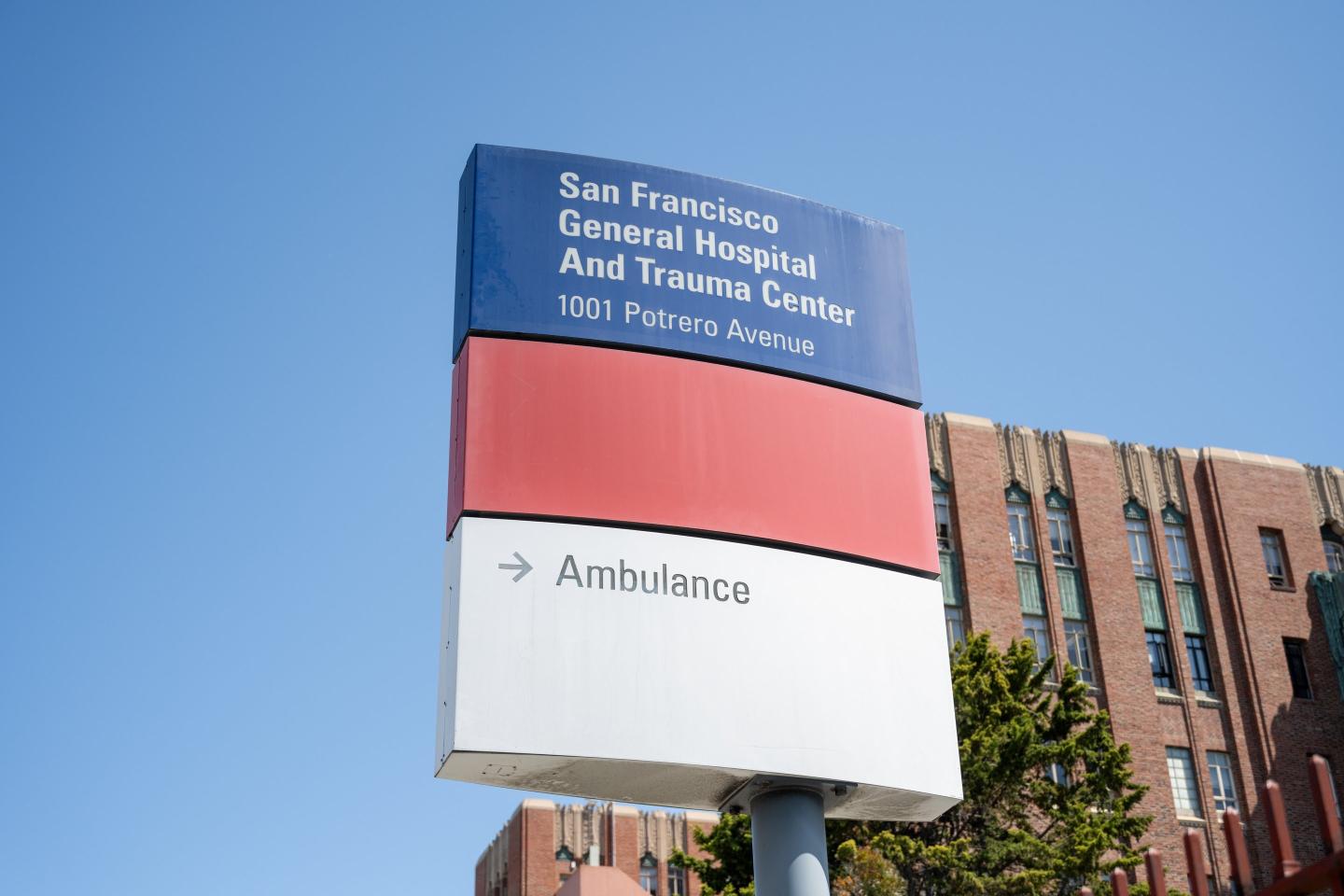 Sign for the ambulance entrance at San Francisco General Hospital and Trauma Center